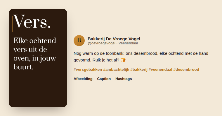 Voorbeeld van een afgewerkte post met afbeelding, caption en hashtags